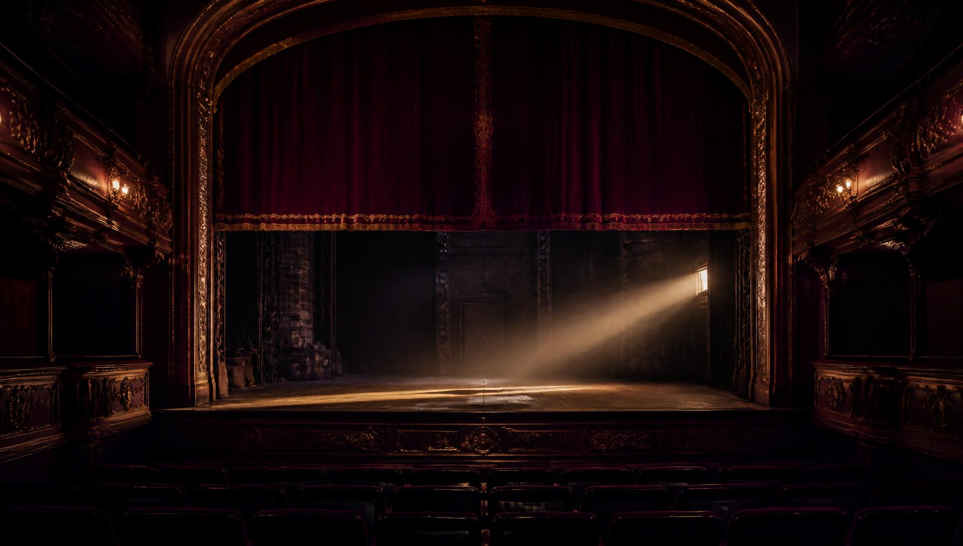 An empty Playhouse stage lit by a single beam of light